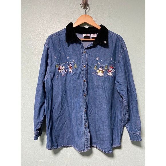 Vintage Nutcracker Plus Size Women's Denim Snowman‎ Snowflake Button Down 22W - Picture 1 of 9